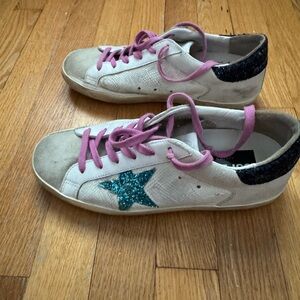 Golden Goose Super-Star Sneakers with Pink Laces and Teal Glitter Star